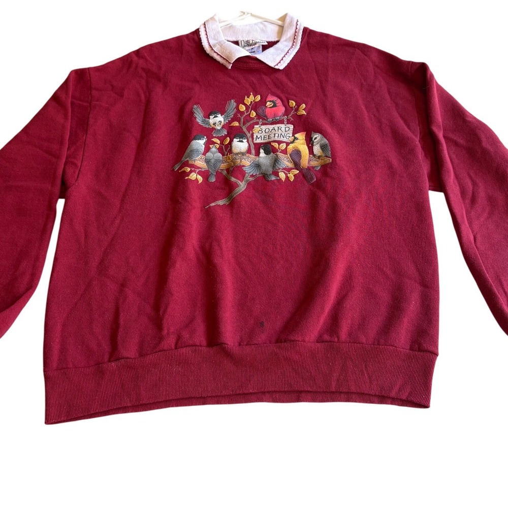 Vintage Bird Board Meeting Sweatshirt Maroon‎ Red Collared Large cottagecore